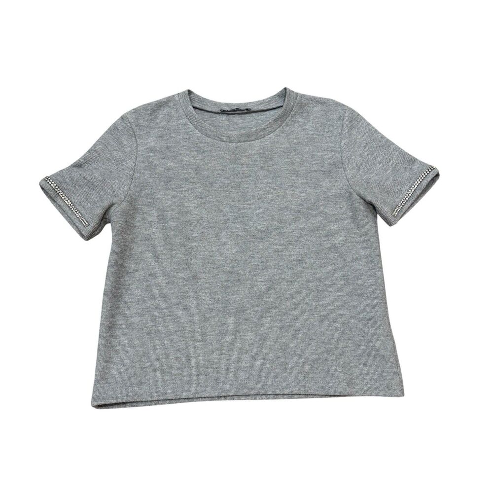 Zara Gray Grey Short Sleeve Sweater Tee With Rhinestone Trim Size M